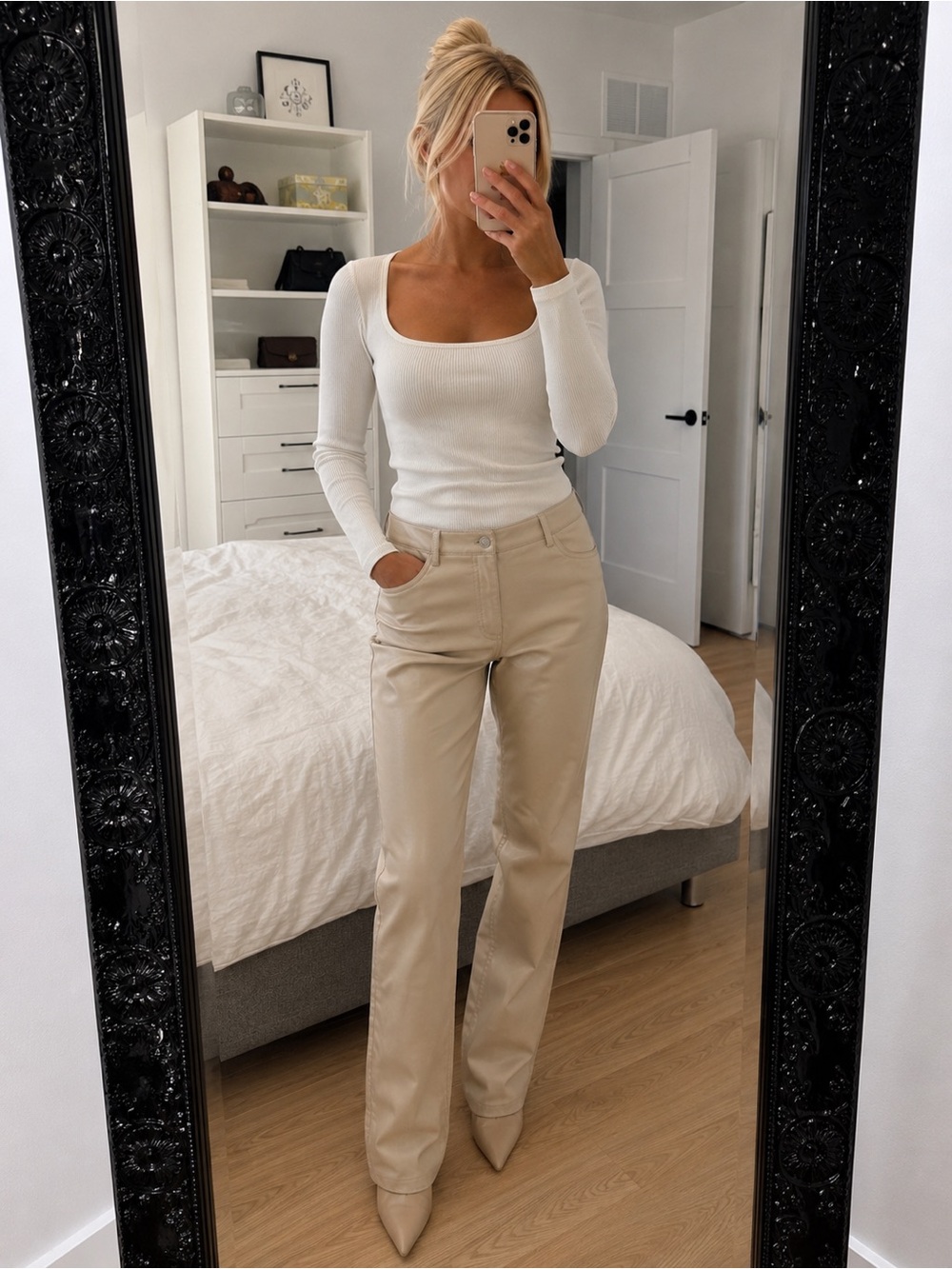 Crescent Boutique Faux Leather Cream High-Rise Straight Leg Pants